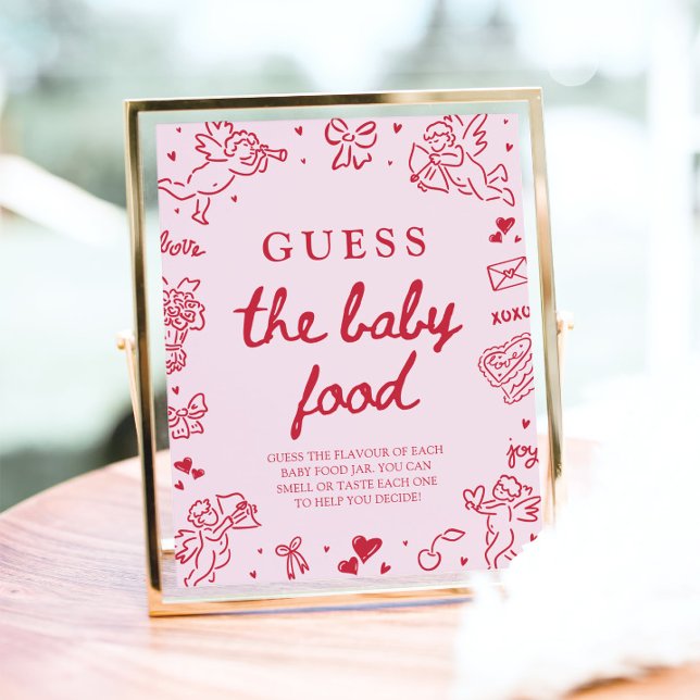 Handritad Alla hjärtans dag Gissa bebisfödan skylt (Hand Drawn Valentine Guess The Baby Food Sign)