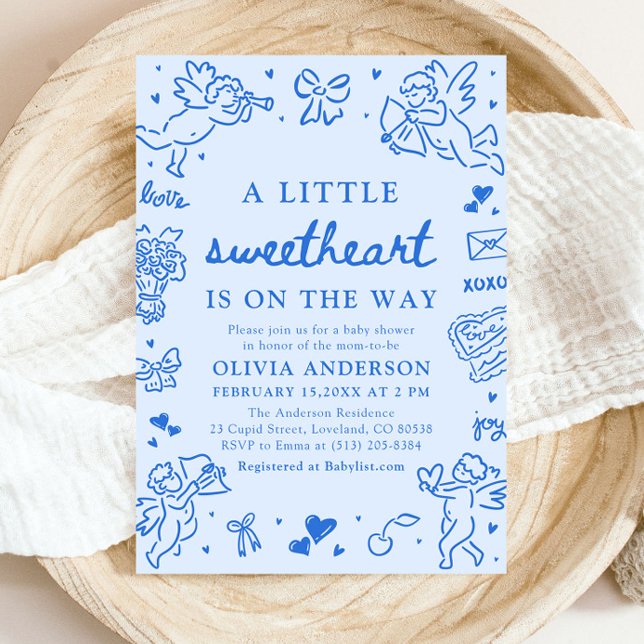 Handritad Alla Hjärtans Dag lille älskling babykal Inbjudningar (Blue Hand Drawn Valentine Little Sweetheart Baby Shower Invitation)