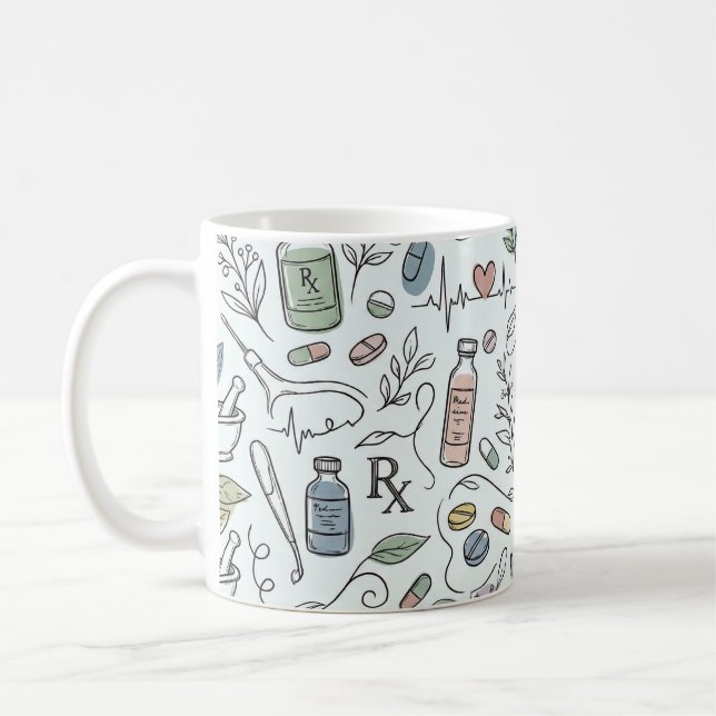 Handritad apotekstema-mugg med doodles | Modernt v Kaffemugg (Vänster)