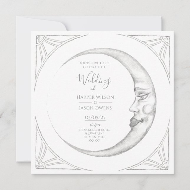Handritad Art Deco månbröllopsinbjudan Inbjudningar (Framsida)