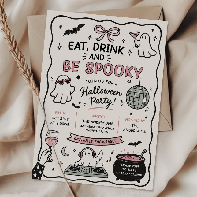 Handritad ät drick och kuslig Halloweenfest Inbjudningar (Skapare uppladdad)