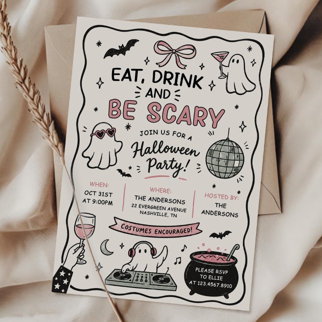 Handritad ät drick och var läskig Halloweenfest Inbjudningar (Skapare uppladdad)