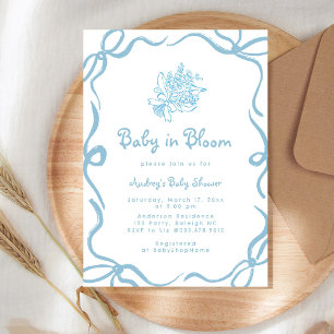 Handritad baby i blomning Blå blomstermönster Baby Inbjudningar