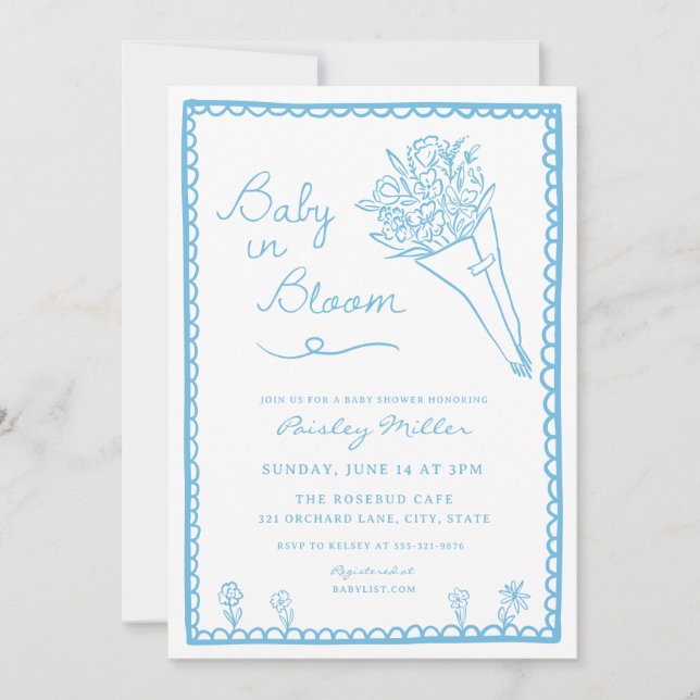 Handritad Baby in Bloom Bondemarknad Bebis Shower Inbjudningar (Framsida)