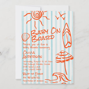 Handritad Baby On Board Surf Sommar Bebis Shower Inbjudningar