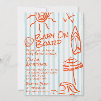 Handritad Baby On Board Surf Sommar Bebis Shower Inbjudningar