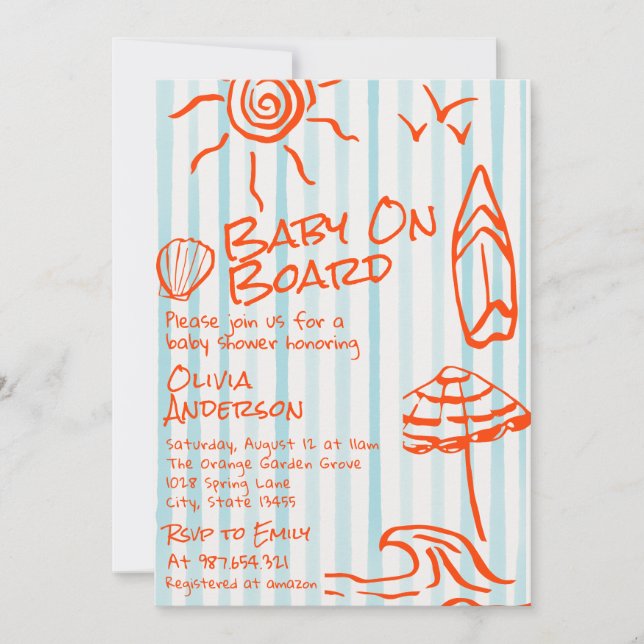 Handritad Baby On Board Surf Sommar Bebis Shower Inbjudningar (Framsida)