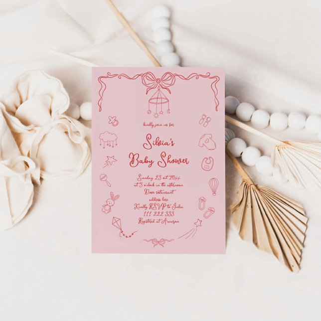 Handritad Baby Shower, Bow Baby Flicka Handskriven Inbjudningar (Skapare uppladdad)