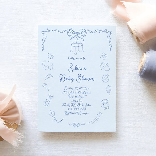 Handritad Baby Shower, Bow Baby Pojke Handskriven  Inbjudningar (Skapare uppladdad)