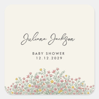 Handritad Baby Shower med Vilda Blommor Fyrkantigt Klistermärke
