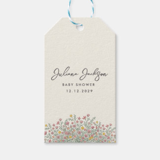 Handritad Baby Shower med Vilda Blommor Presentetikett