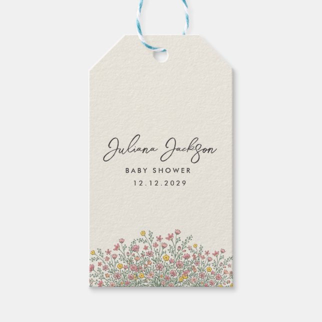 Handritad Baby Shower med Vilda Blommor Presentetikett (Framsidan)
