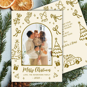 Handritad Båge Foto Guld Beige God Jul Julkort