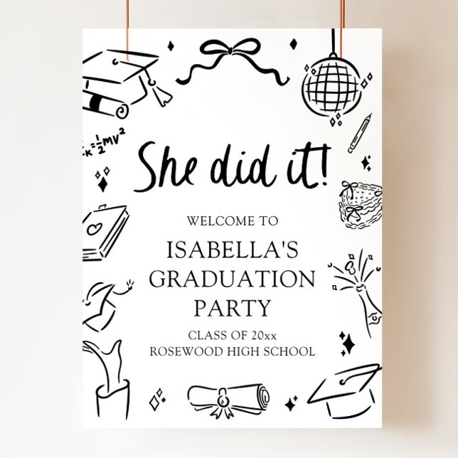 Handritad Båge Hon Gjorde Det Examenfest Välkommen Poster (Hand Drawn Bow She Did it Graduation Party Welcome Poster)