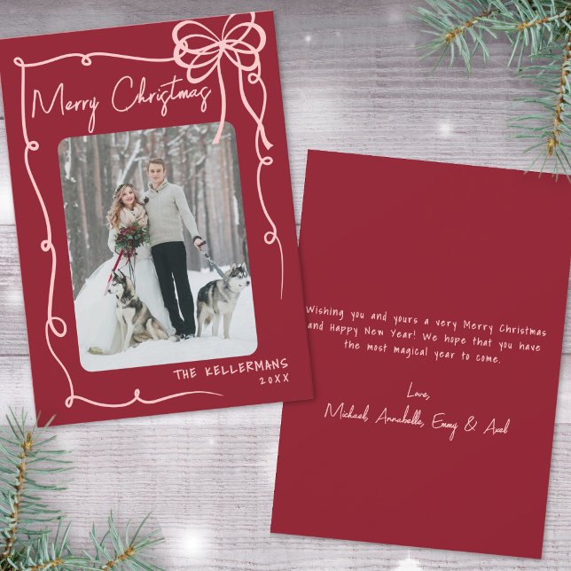 Handritad Båge Röd Retro Jul Julkort (Hand Drawn Ribbon Bow Red Retro Christmas Holiday Card)