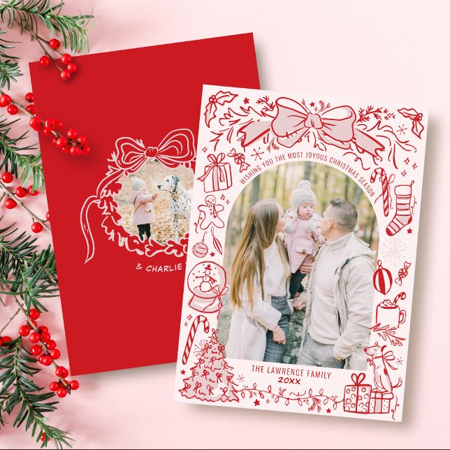 Handritad båge Rosa och Röd Valvbåge Foto Jul Julkort (Cute pink and red modern hand drawn Christmas bows scribble doodle illustration 2 photo holiday card)
