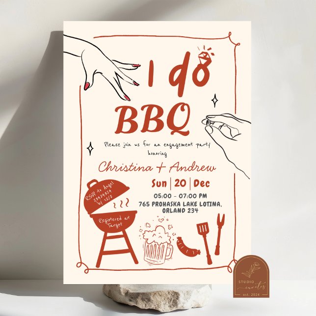 Handritad bakgård Jag gör BBQ förlovningsfest Inbjudningar (Skapare uppladdad)