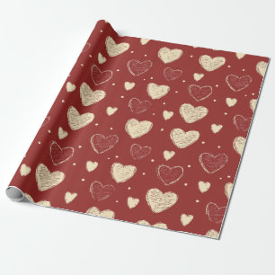 Handritad Beige Red Heart Mönster Illustration Presentpapper