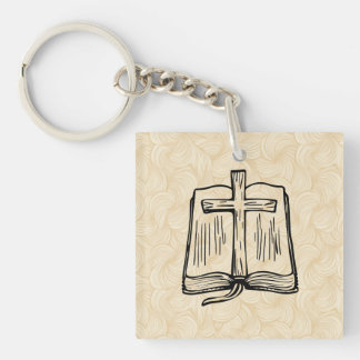 Handritad Bibel och Kors Skiss Akryl Nyckelring