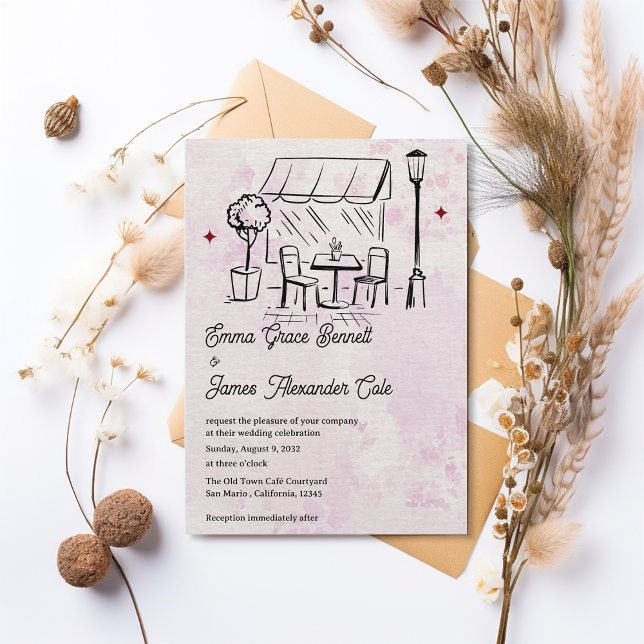 Handritad Bistro Café Innergård Bröllop Inbjudningar (Hand-Drawn Bistro Café Courtyard Wedding Invitation)