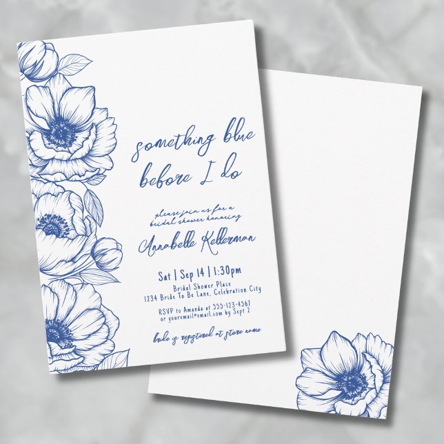 Handritad Blå Blommig Bröllopsdusch Inbjudningar (Whimsical Something Blue Floral Bridal Shower Invitation)