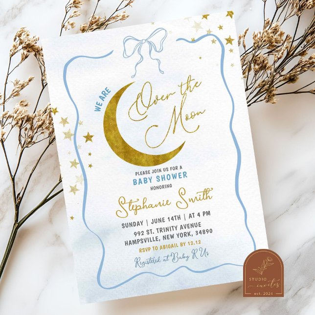 Handritad Blå Coquette Över Månen Baby Shower Inbjudningar (Skapare uppladdad)
