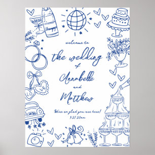 Handritad blå fantasifull välkomstskylt för bröllo poster