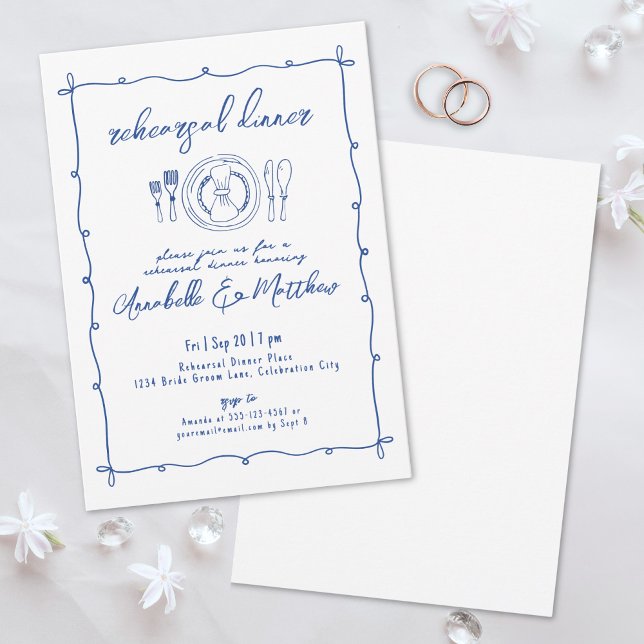 Handritad blå förfest för bröllop inbjudningar (Hand Drawn Blue Wedding Rehearsal Dinner Invitation)