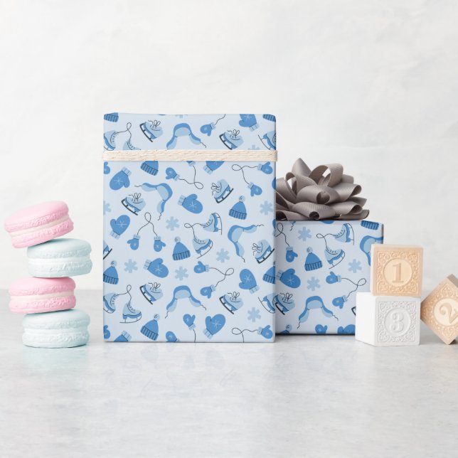 Handritad blå vintermönstrad presentpapperrulle presentpapper (Baby Shower)