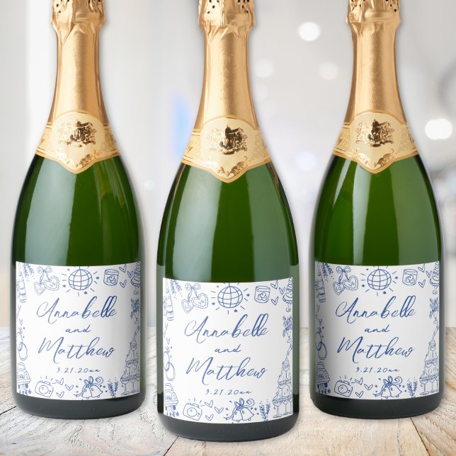Handritad Blå Whimsical Bröllop (Hand Drawn Blue Whimsical Wedding Sparkling Wine Label)