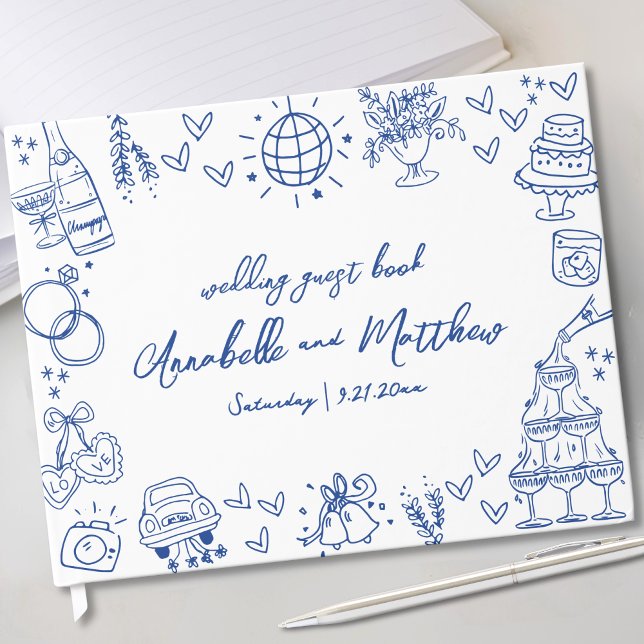 Handritad Blå Whimsical Bröllop Gästböcker (Hand Drawn Blue Whimsical Wedding Guest Book)