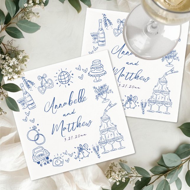 Handritad Blå Whimsical Bröllop Pappersservett (Hand Drawn Blue Whimsical Wedding Napkins)