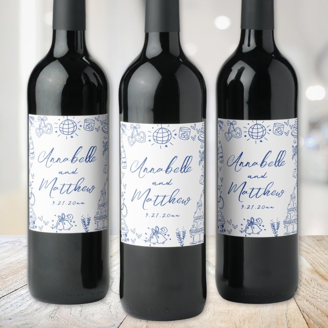 Handritad Blå Whimsical Bröllop Vinflaska Etikett (Hand Drawn Blue Whimsical Wedding Wine Label )