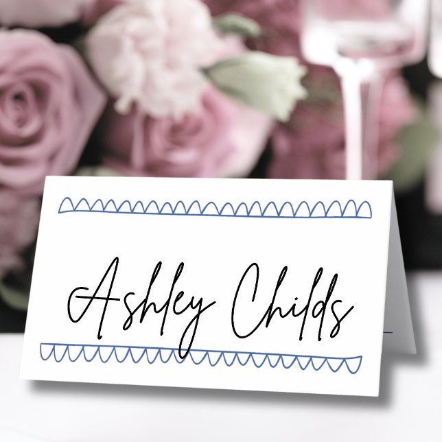 Handritad Blå Whimsical Namn Bröllop Placeringskort (Hand Drawn Blue Whimsical Name Wedding Place Card )
