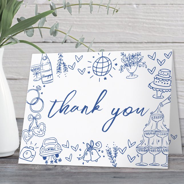 Handritad blå whimsisk bröllsdusch tack kort (Hand Drawn Blue Whimsical Bridal Shower Thank You Card)