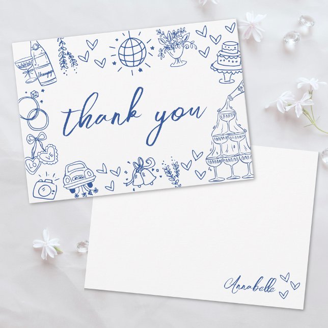 Handritad Blå Whimsisk Tack Kort (Hand Drawn Blue Whimsical Thank You Card)