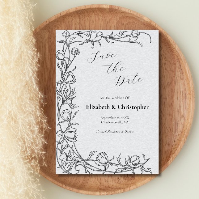 Handritad Blommig Botanisk Spara Datum Grå Inbjudningar (Black Gray Hand Drawn Botanical Leaves Flowers Wedding Save the Date Invitation Card)