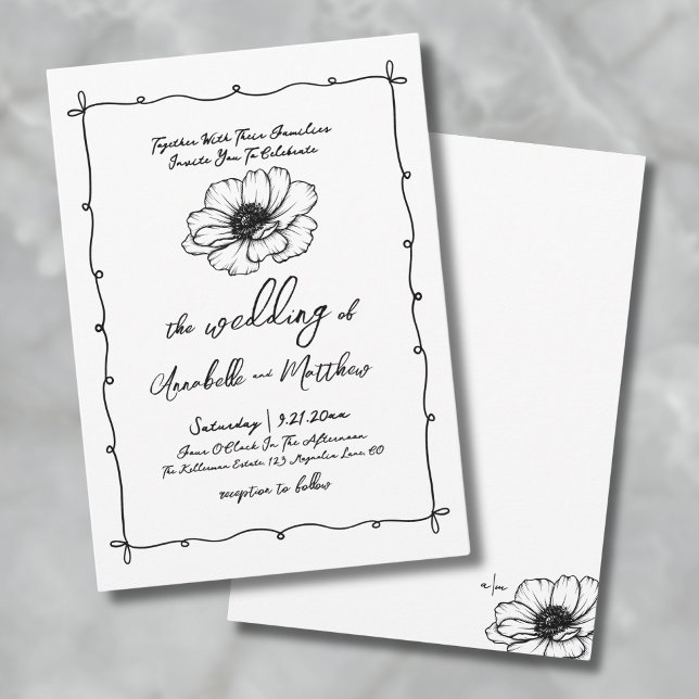 Handritad Blommig Bröllop Inbjudningar (Hand Drawn Flower Whimsical Wedding Invitation)
