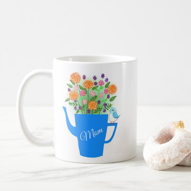 Handritad blommig fågelkonst Mors dag-present Kaffemugg (Med munk)