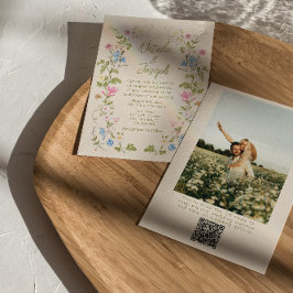 Handritad Blommig Sommar Foto QR-kod Bröllop Inbjudningar