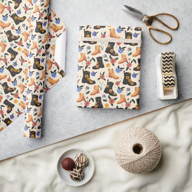 Handritad Blommigt Boots &Prosecco Seamless Mönste Presentpapper (Hantverk)