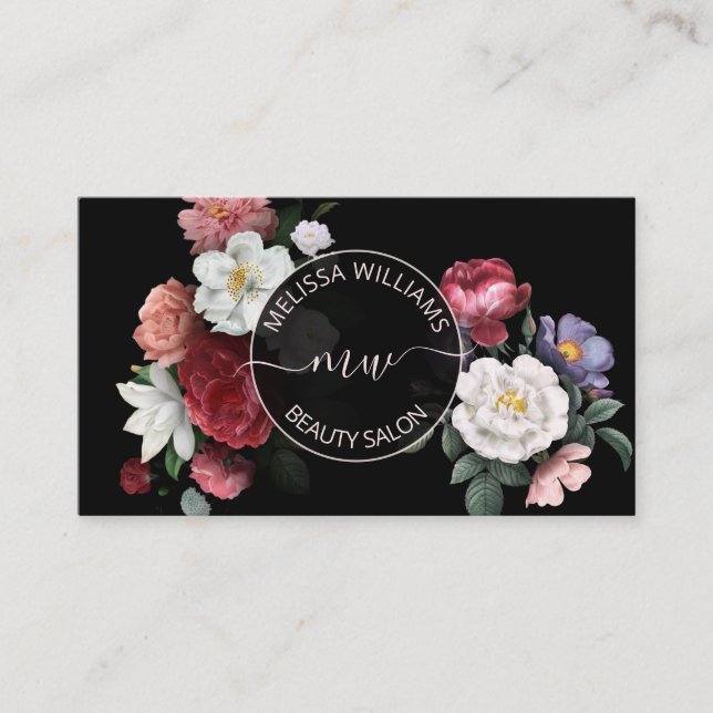 Handritad Blommor Logotyp Svart Visitkort (Framsida)