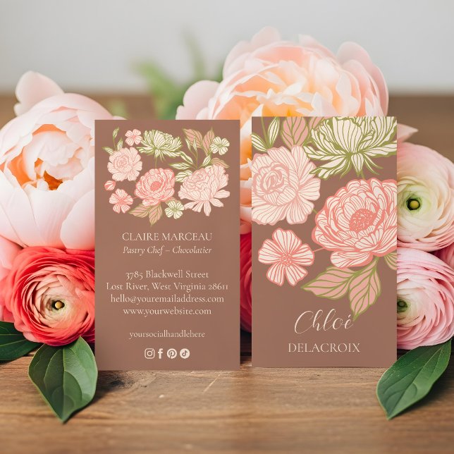 Handritad Blommotiv & Lövverk Elegant Linjekonst S Visitkort (Hand-Drawn Floral & Foliage Elegant Line Art Style Business Card)