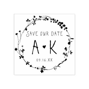 Handritad blomsterkrans Save The Date Stämpel