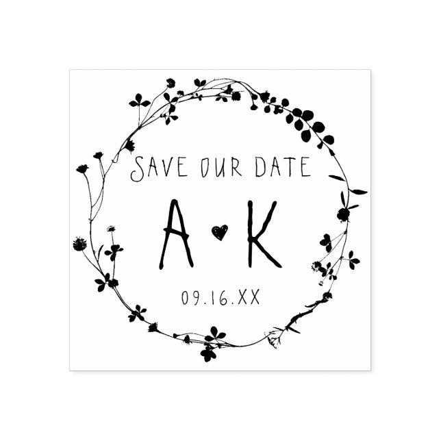 Handritad blomsterkrans Save The Date Stämpel (Tryck)