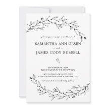 Handritad botanisk svart-vit bröllopsinbjudan