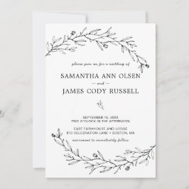 Handritad botanisk svart-vit bröllopsinbjudan inbjudningar