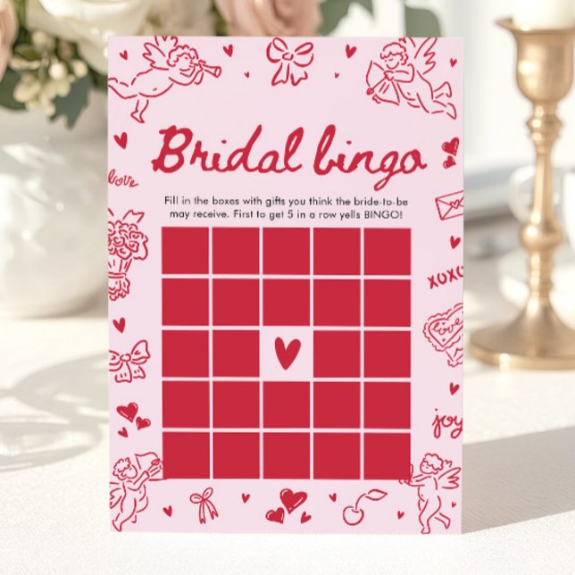 Handritad Bröllopsbingo för Brudtillställning på A Inbjudningar (Hand Drawn Valentine Bridal Bingo Baby Shower Game)