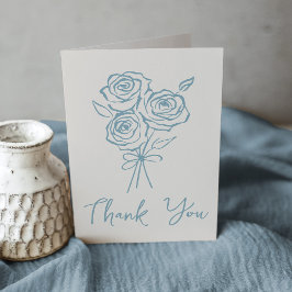 Handritad bröllopsdusch med blå rosbukett tack kort