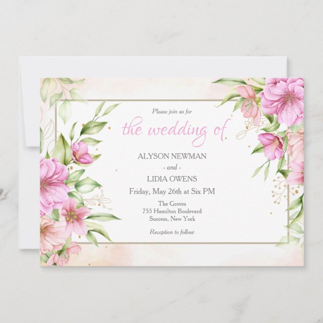 Handritad Bröllopsinbjudan med Blommor Meddelande (Framsida)